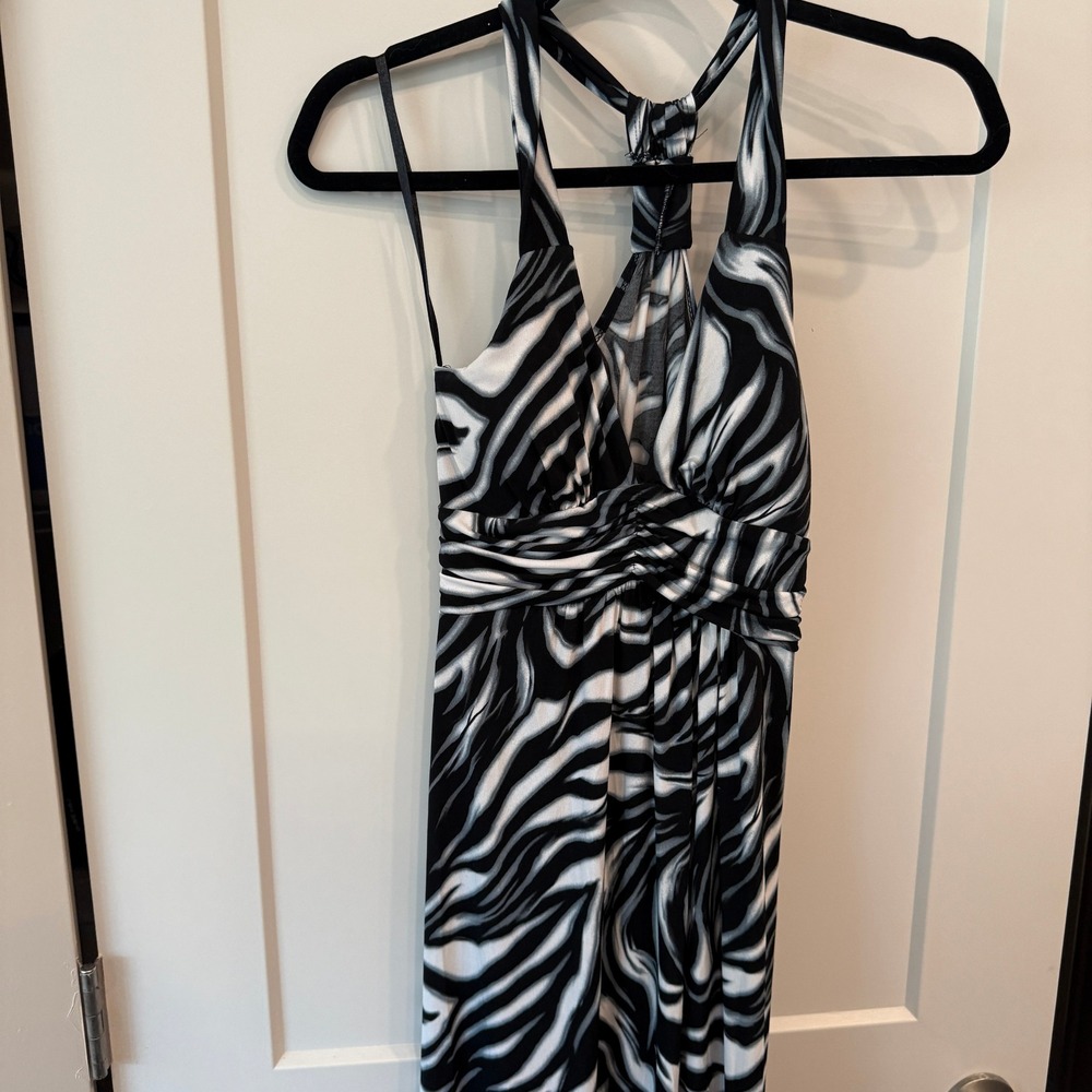 Epilogue Zebra Print Halter Maxi‎ Dress Black White Ruched Stretch Glam y2k S